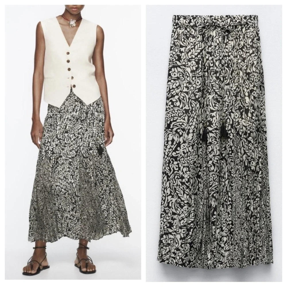 Zara Black white pattern tassel tie maxi skirt 16632
